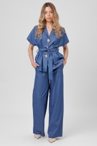 Compleu din denim bleumarin deschis cu cordon și pantaloni largi