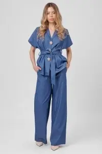 Compleu din denim bleumarin deschis cu cordon și pantaloni largi