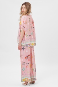 Compleu floral roz din viscoză format din cămașă și pantalon palazzo - Img 2