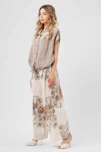 Compleu taupe din in cu imprimeu floral și pantaloni largi - Img 3
