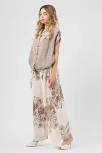 Compleu taupe din in cu imprimeu floral și pantaloni largi - Img 3