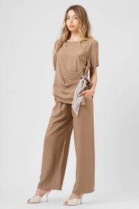 Compleu taupe format din top cu eșarfă și pantaloni largi - Img 2