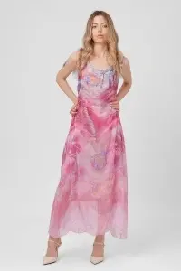 Rochie maxi roz din viscoză și mătase cu imprimeu peisaj - Img 2