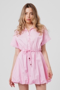 Rochie roz din bumbac cu croială balon și șnur