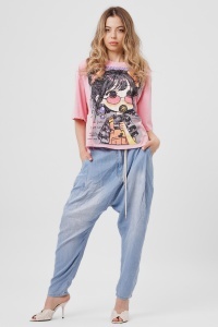 Tricou roz din bumbac cu imprimeu fetiță și paiete - Img 2