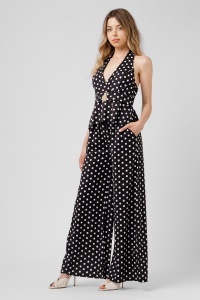 Compleu negru cu buline, top halter și pantaloni largi - Img 2