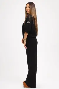 Compleu negru din tricot fin și floricele din pietre pe măneci - Img 2