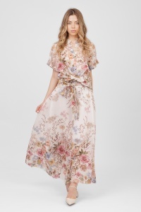 Compleu roz din tencel cu imprimeu floral, top scurt și fustă lungă - Img 3