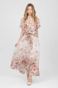 Compleu roz din tencel cu imprimeu floral, top scurt și fustă lungă - Img 3