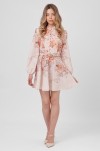 Rochie crem-roze din viscoză cu imprimeu floral și curea - Img 4