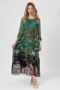 Rochie maxi boho verde din viscoză și mătase cu imprimeu fluid