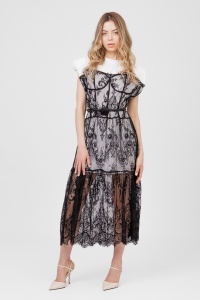 Rochie midi albă/neagră din dantelă cu cordon cu trandafir - Img 2