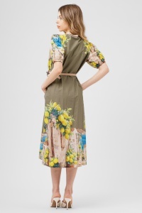 Rochie midi kaki din bumbac cu imprimeu mediteraneean - Img 2
