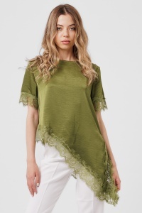 Bluză verde oliv cu tiv asimetric din dantelă