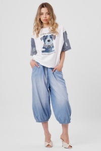 Pantaloni bufanți 3/4 albaștri din denim - Img 2