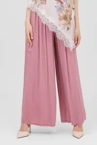 Pantaloni evazați roz prăfuit din viscoză cu talie elastică