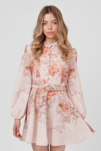 Rochie crem-roze din viscoză cu imprimeu floral și curea