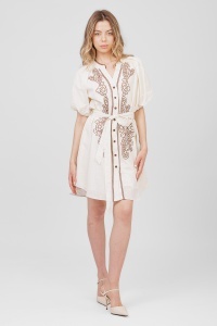 Rochie ivory din bumbac cu broderie florală maro - Img 2