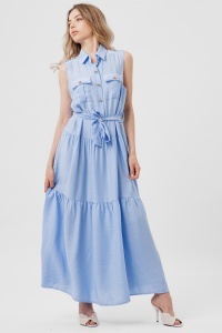 Rochie maxi bleu cu nasturi aurii și buzunare