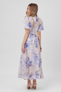 Rochie maxi ivory din viscoză cu imprimeu floral bleu - Img 3
