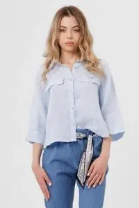 Cămașă bleu din in lejeră cu buzunare