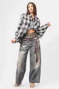 Cămașă oversized alb-negru în carouri cu aspect vintage - Img 2