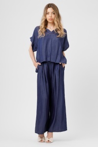 Compleu bleumarin din lyocell cu top lejer și pantaloni largi