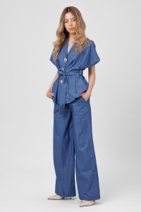 Compleu din denim bleumarin deschis cu cordon și pantaloni largi - Img 2