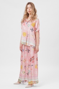 Compleu floral roz din viscoză format din cămașă și pantalon palazzo - Img 3
