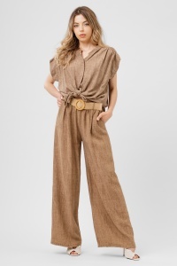 Compleu maro din viscoză cu cămașă înnodată și pantaloni largi