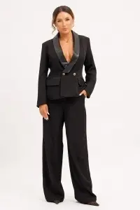 Compleu negru tip smoking format din sacou cu revere din imitație de piele și pantaloni largi