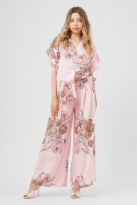 Compleu roz din in cu imprimeu floral și pantaloni largi
