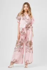 Compleu roz din in cu imprimeu floral și pantaloni largi