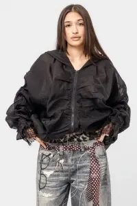 Jachetă neagră din mătase cu glugă și mâneci încrețite