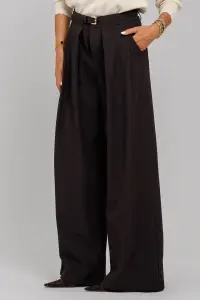 Pantaloni palazzo negri cu pense și curea