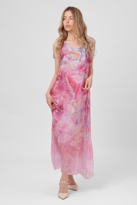 Rochie maxi roz din viscoză și mătase cu imprimeu peisaj - Img 3