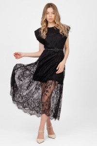 Rochie midi neagră din dantelă cu cordon cu trandafir - Img 2