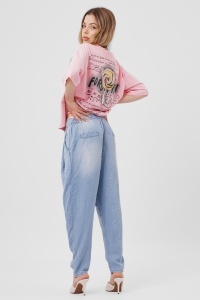 Tricou roz din bumbac cu imprimeu fetiță și paiete - Img 3