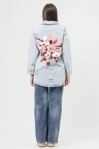 Cămașă lungă din denim albastru deschis cu imprimeu Minnie Mouse pe spate - Img 5