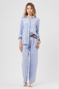 Compleu bleu din in cu cămașă lejeră și pantaloni largi
