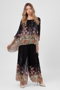 Compleu negru cu imprimeu floral și pantaloni largi