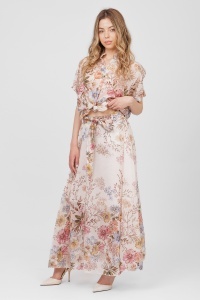 Compleu roz din tencel cu imprimeu floral, top scurt și fustă lungă - Img 4