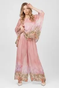 Compleu roz prăfuit cu imprimeu floral și pantalon larg - Img 5
