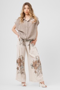 Compleu taupe din in cu imprimeu floral și pantaloni largi