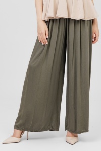 Pantaloni evazați kaki din viscoză cu talie elastică