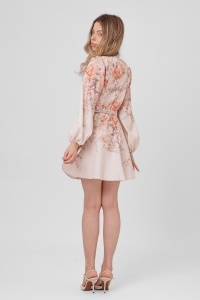 Rochie crem-roze din viscoză cu imprimeu floral și curea - Img 5