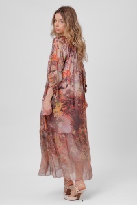 Rochie maxi boho ruginie din viscoză și mătase cu imprimeu fluid - Img 2