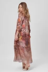 Rochie maxi boho ruginie din viscoză și mătase cu imprimeu fluid - Img 2