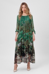 Rochie maxi boho verde din viscoză și mătase cu imprimeu fluid - Img 2