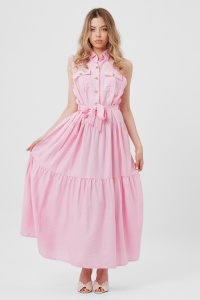 Rochie maxi roz cu nasturi aurii și buzunare - Img 2